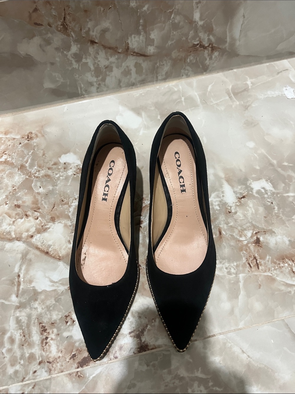 COACH Black Pointed Toe Women's Heels with Gold Trim